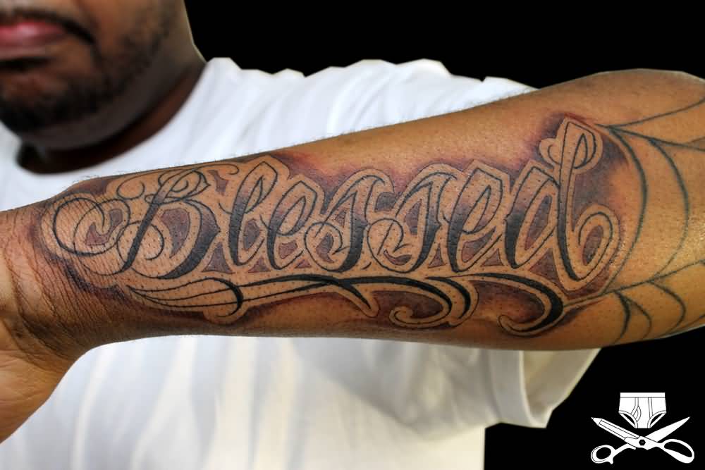 Black shaded simple blessed tattoo on full forearm for men