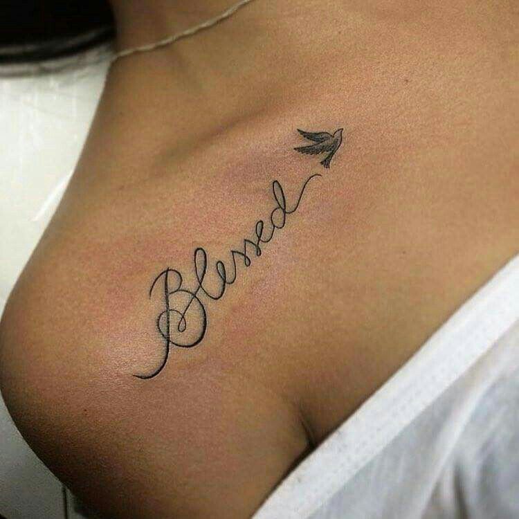 Black simple bird with blessed tattoo on below right collar bone for women