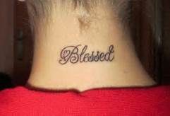 Black simple blessed tattoo on nape for men
