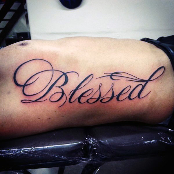 Black simple blessed tattoo on right side upper body for men