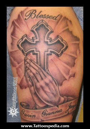 Grey shaded joined hands with Celtic cross blessed tattoo on arm
