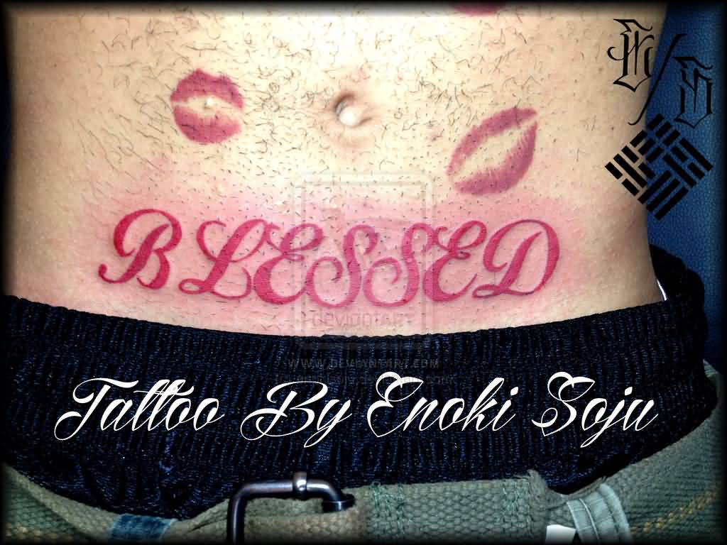 Red lipstick mark with blessed tattoo on stomach by Enoki Soju