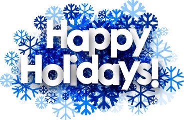 Happy Holidays text with blue snowflakes in background