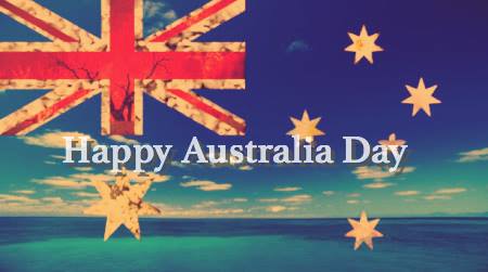 Happy Australia Day flag in background