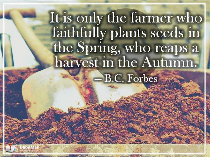 it is only the farmer who faithfully plants seeds in the spring, who reaps a harvest in the autumn. b.c forbes
