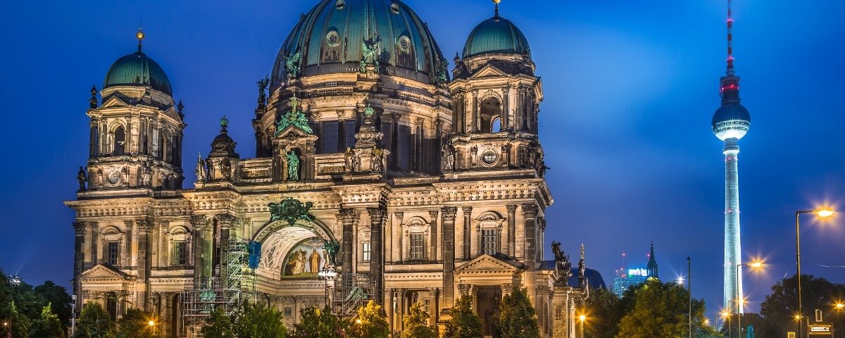 berlin cathedral lit up with night light