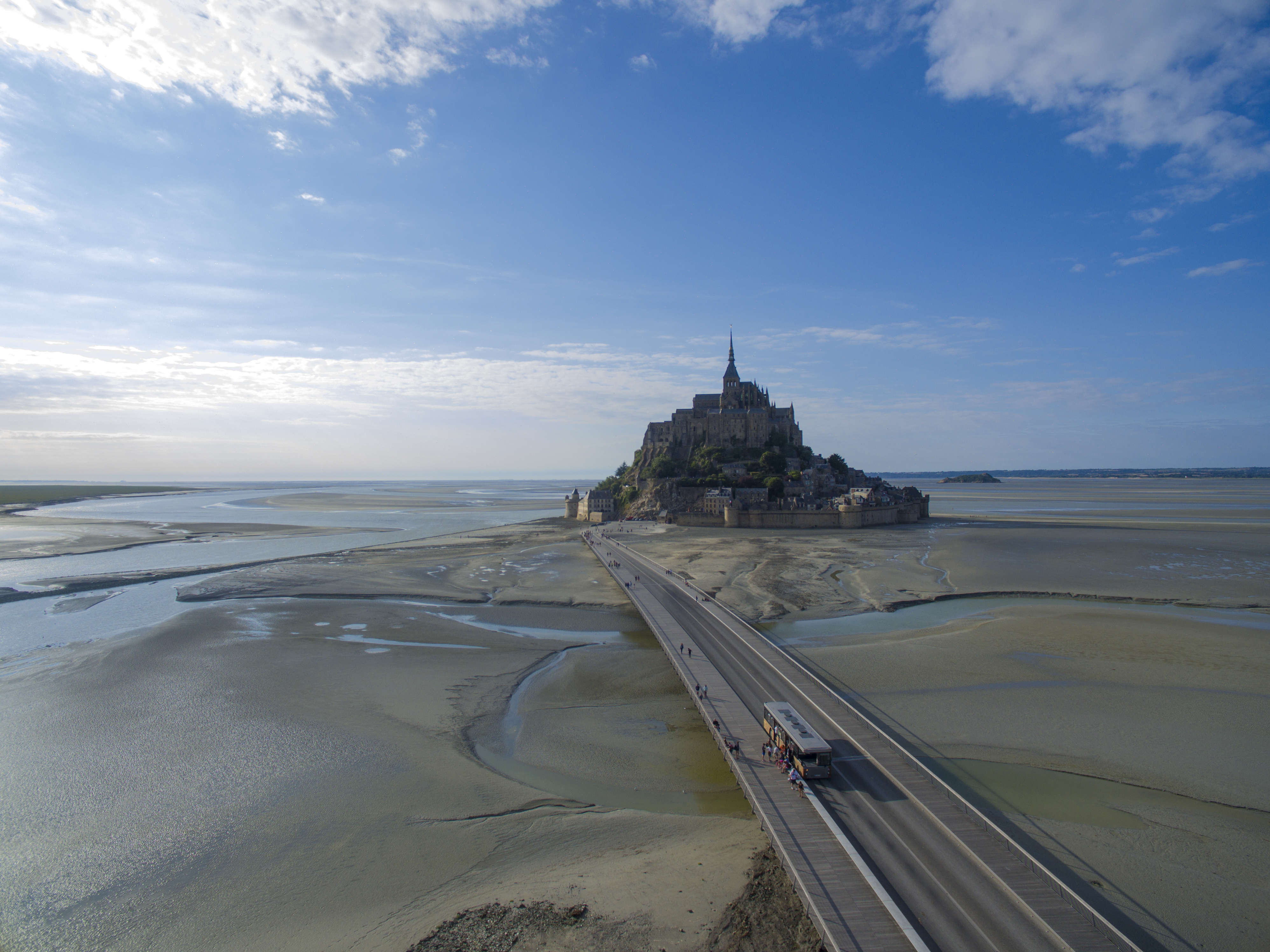 bridge to Mont St. Michel drone view