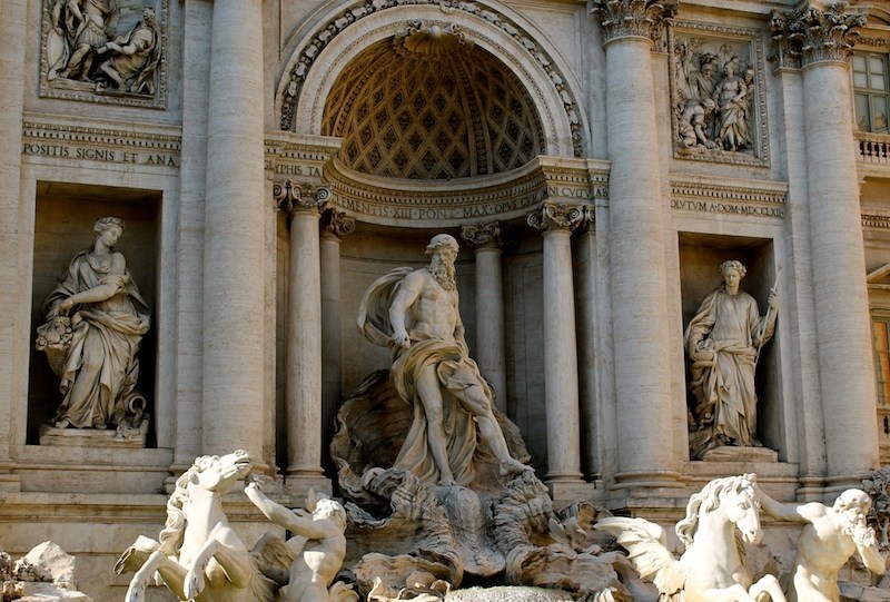closeup of the monuments at the Trevi Fountain