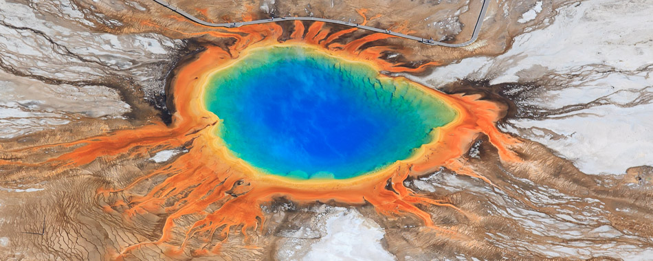 incredible aerial view of the lake at yellowstone national park