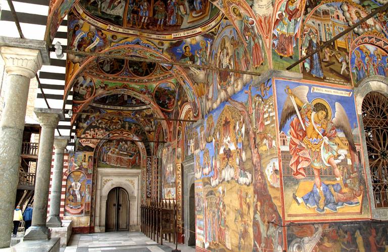 paintings on wall inside the Rila Monastery