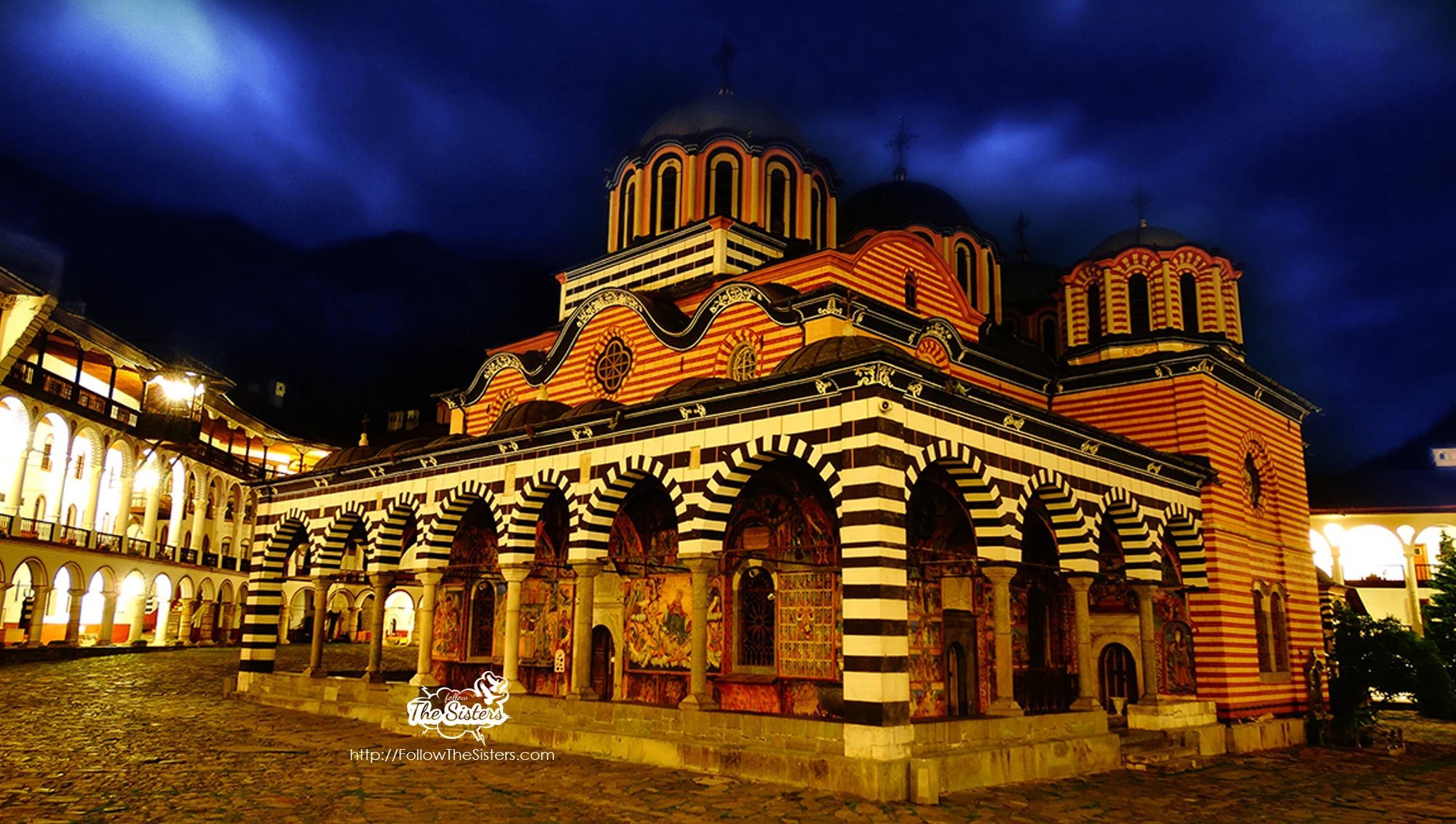 the Rila Monastery illuminated with night light