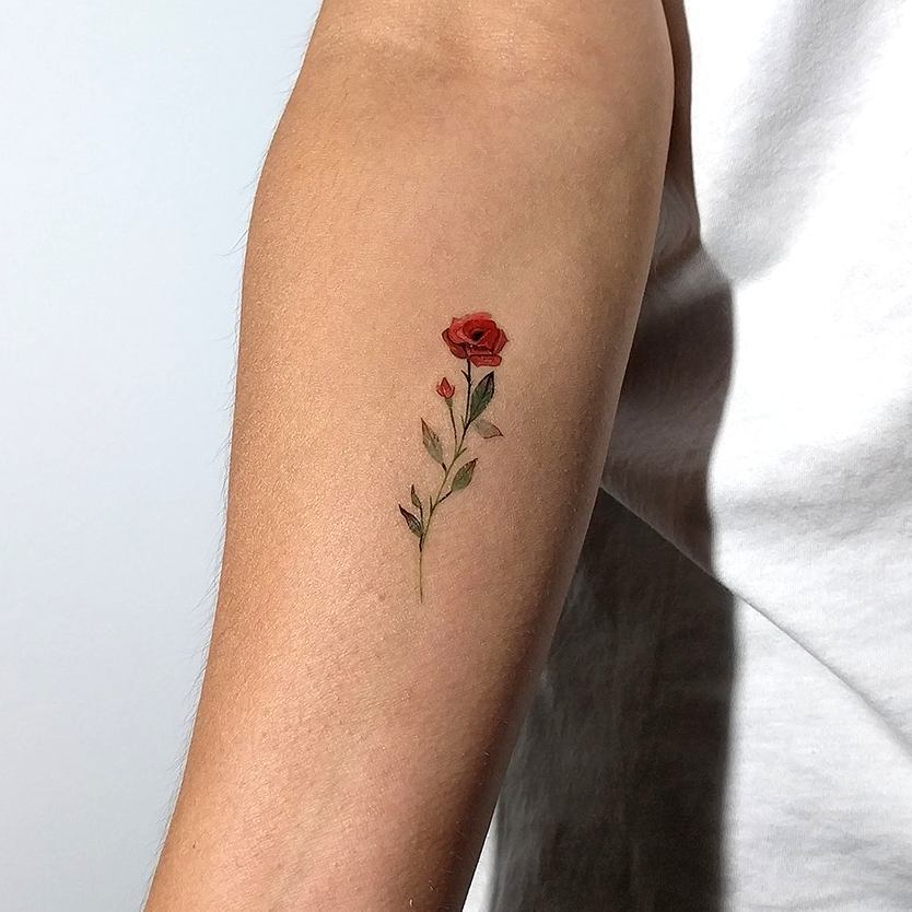 Red and green small rose tattoo on inner lower arm