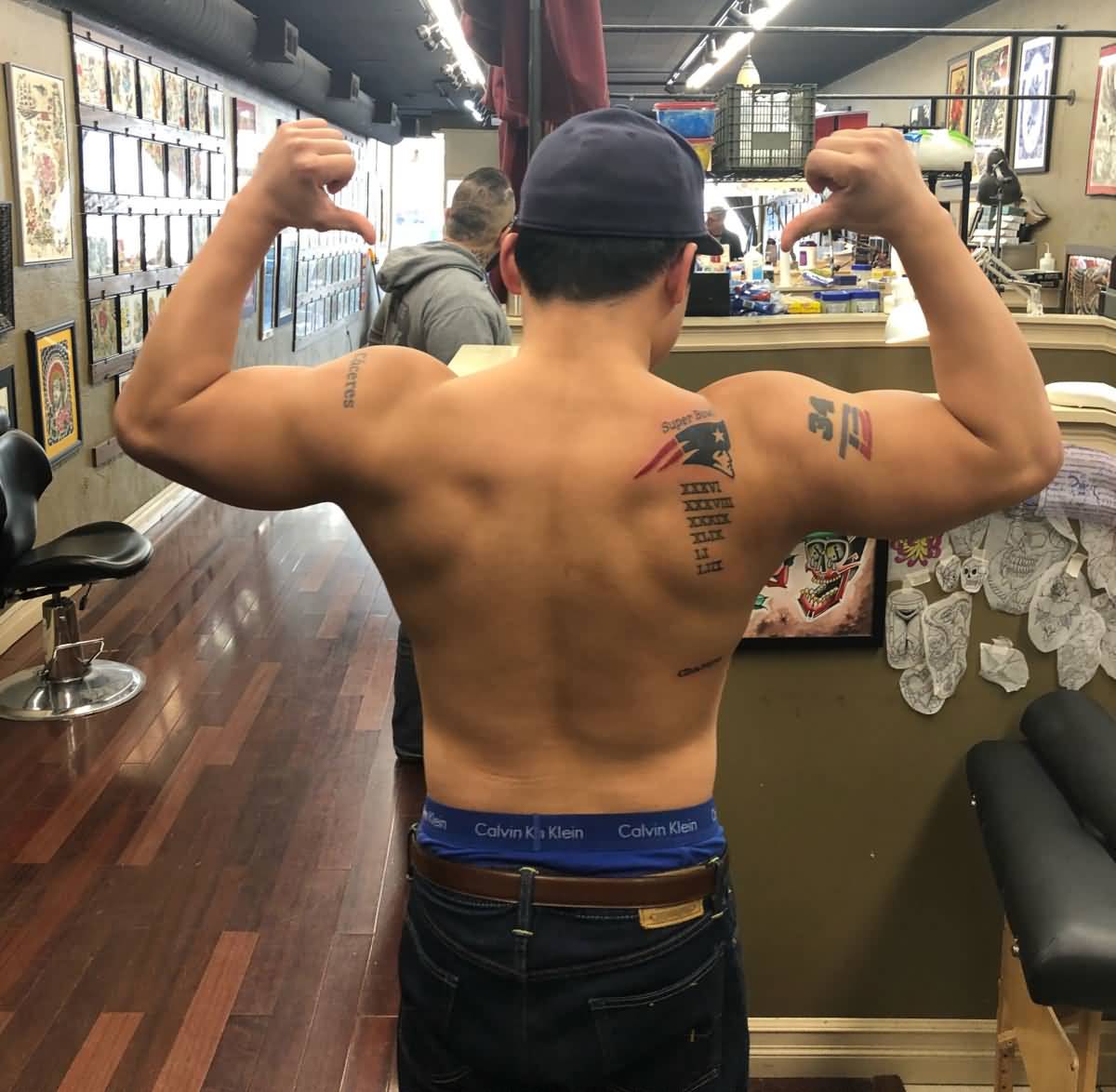 Amazing New England Patriots Fan Tattoo On Back Shoulder