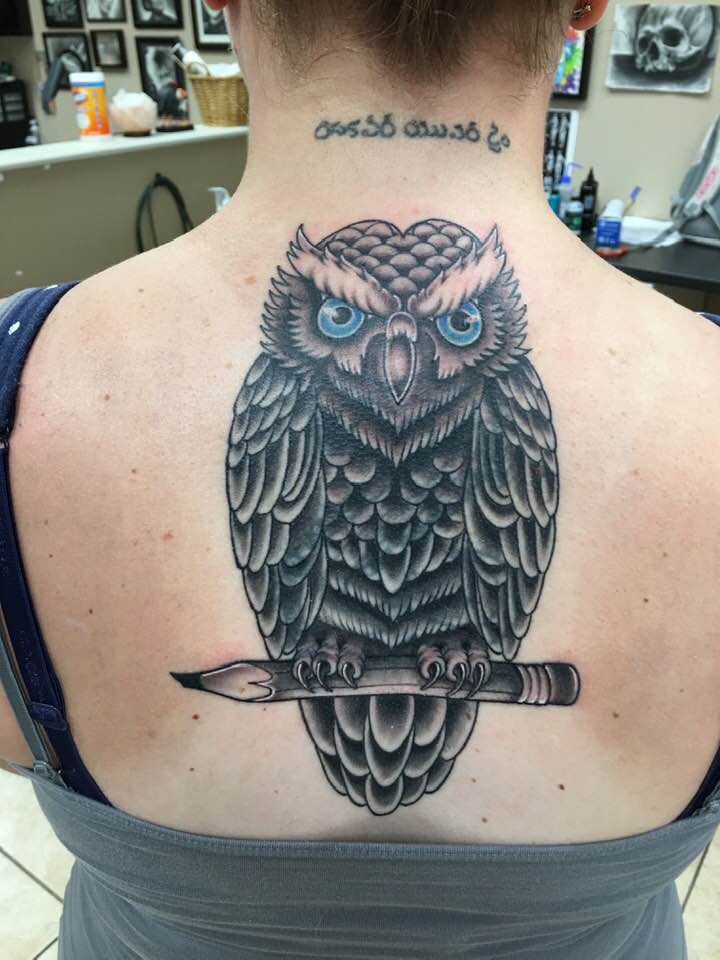 Awesome Cover up Owl Tattoo On Upper Back By Zak Schulte