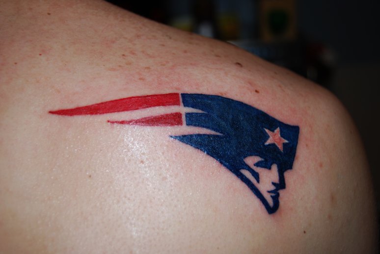 Beautiful New England Patriots Logo Fan Tattoo On Back Shoulder