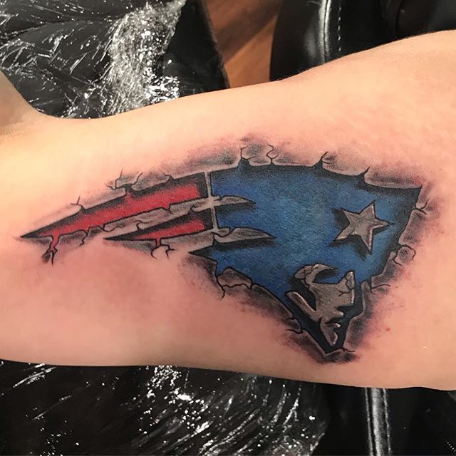 Engraved New England Patriots Logo Tattoo On Bicep