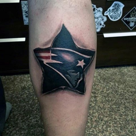 New England Patriots Logo Engraved In Black Star Tattoo On Man’s Forearm