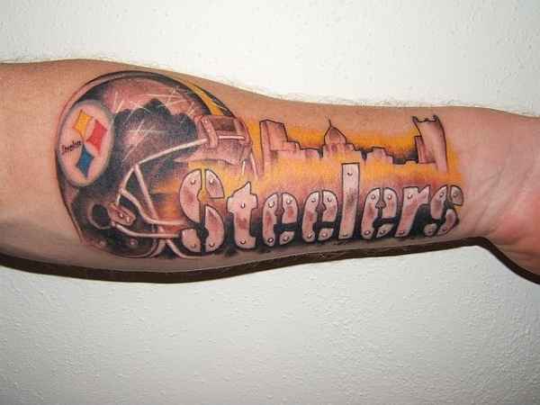 Pittsburgh Steelers Helmet With Wording Tattoo On Mens Forearm