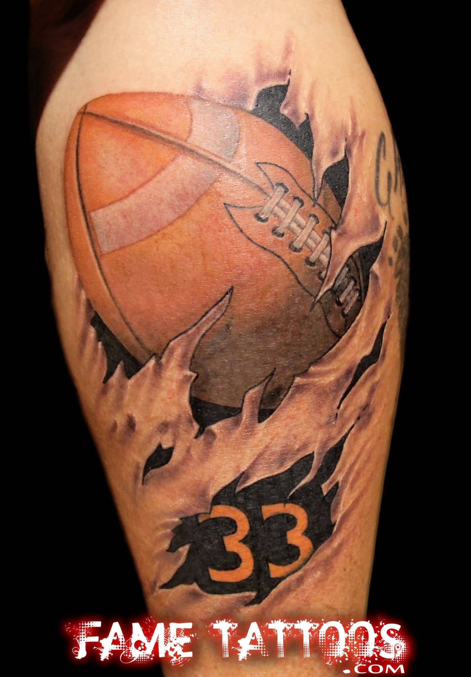 Ripped Skin Colored American Football Tattoo On Leg Calf