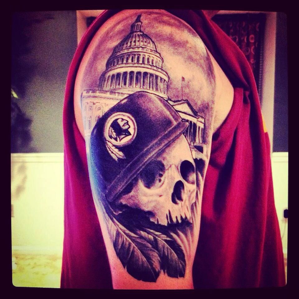 White House & Skull With Washington Redskins Logo Tattoo On Sleeve