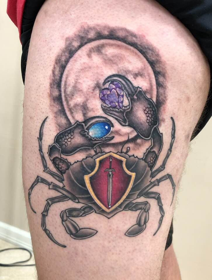 Cancer Crab Tattoo – Father the protector holding his kids birthstones by Zak Schulte