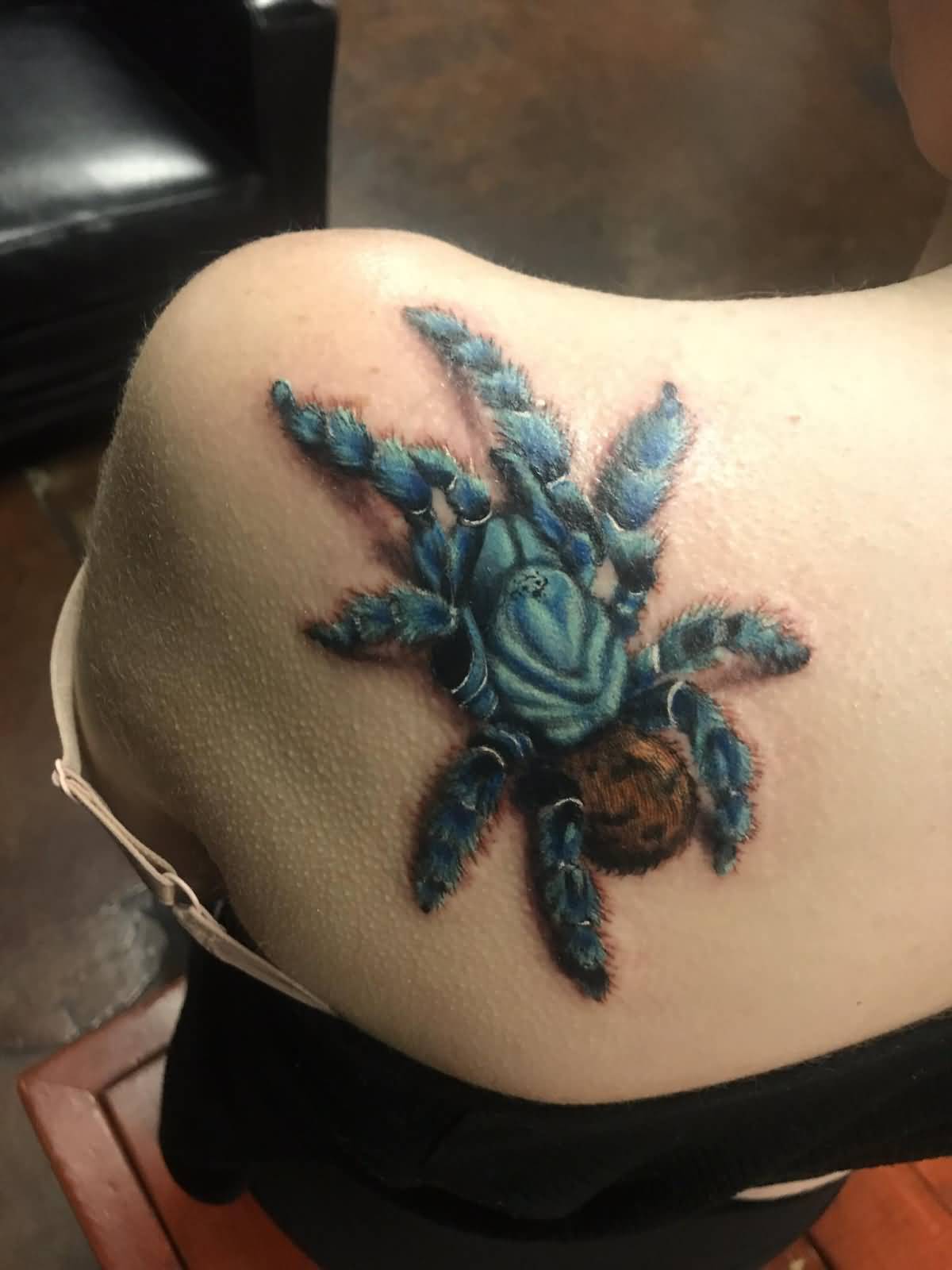 3D Blue Realistic Tarantula Tattoo On Back Shoulder Done By Tony At Eternal Tattoos in Clawson, MI.