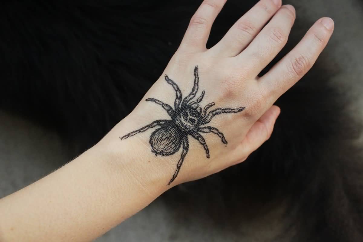 Beautiful Black Temporary Tarantula Hand Tattoo