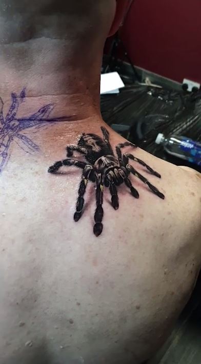 Hyper Realistic Black Tarantula Tattoo On Man Upper Back Shoulder