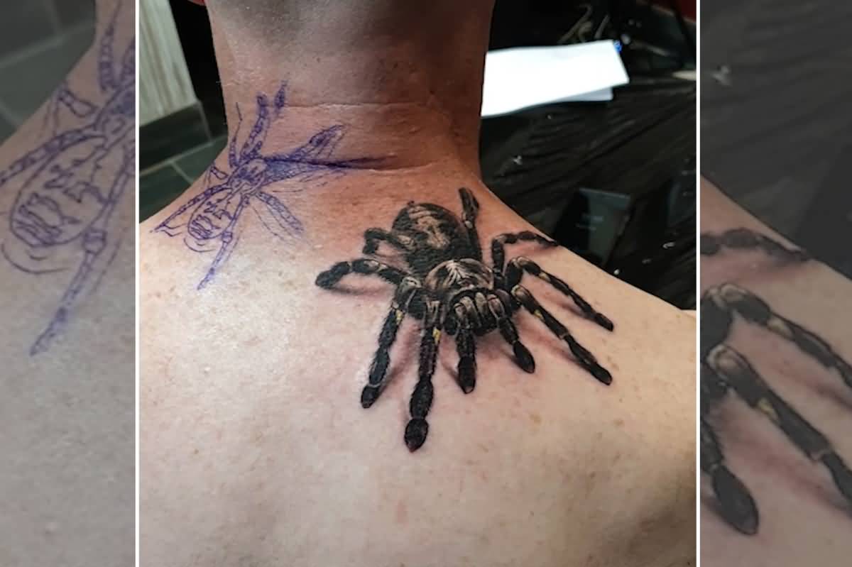 Hyper Realistic Black Tarantula Tattoo On Man Upper Back