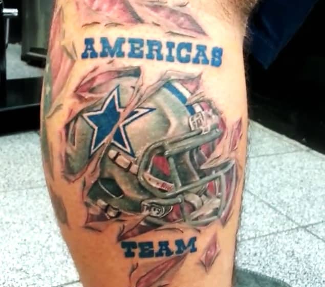 Ripped Skin Dallas Cowboys Team Helmet Tattoo On Calf
