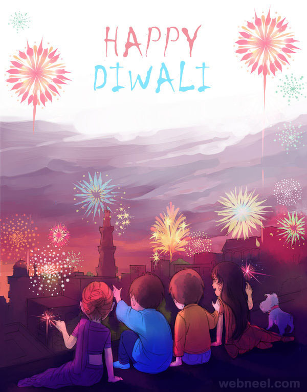 happy diwali kids enjoying fireworks card