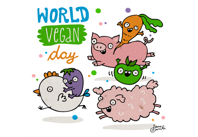 world vegan day chicken and piglet illustration