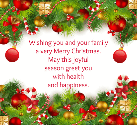 wishing you and your family a very merry christmas. may this joyful season greet you with health and happiness gif