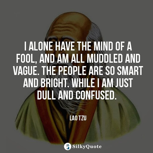 i alone have the mind of a fool, and am all muddled and vague. the people are so smart and bright. while i am just dull and confused. lao tzu
