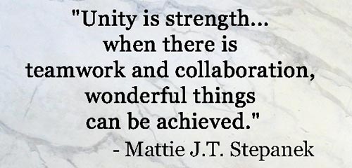 unity is strength when there is teamwork and collaboration wonderful things can be achieved. mattie j.t. stepanek
