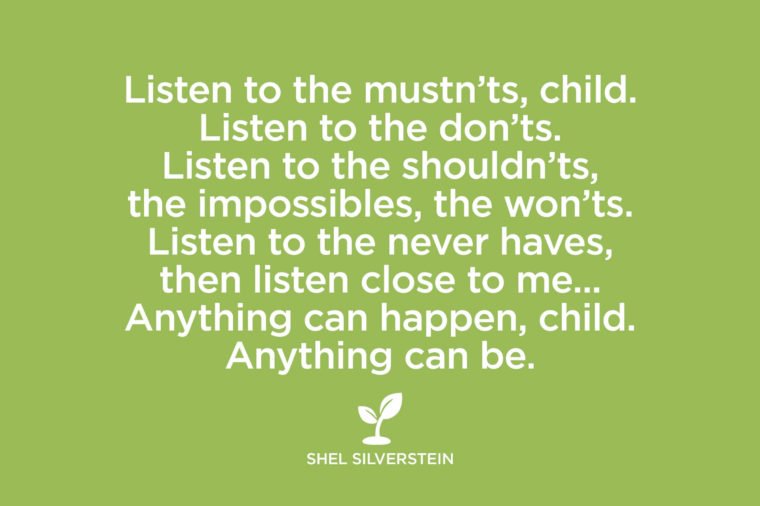 listen to the musn’ts child. listen to the don’ts. listen to the shouldn’ts, the impossibles, the won’ts. listen to the never haves, then listen close to me.. anything can happen, child. anything can be