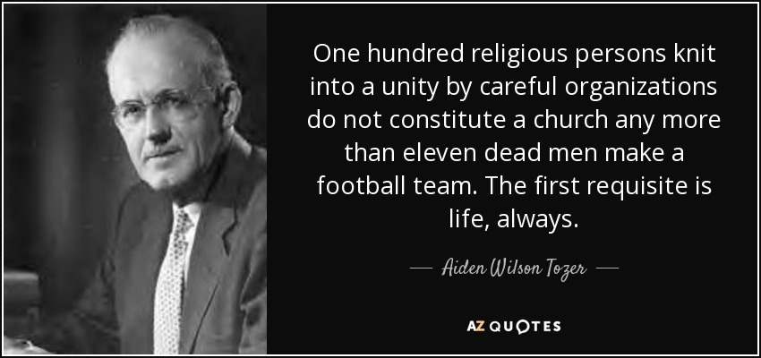 one hundred religious persons knit into a unity by careful organizations do not constiture a church any more than eleven dead men make a football team. the first requisite is life always