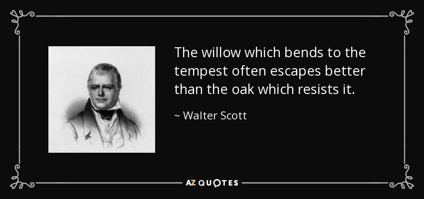 the willow which bends to the tempest often escapes better than the oak which resists it. walter scott