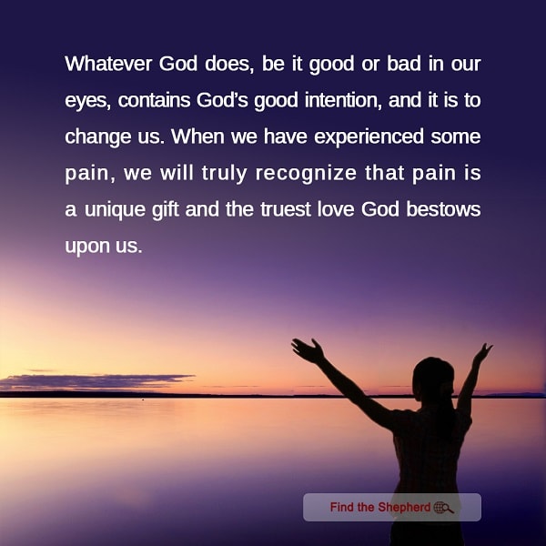 whatever god does, be it good or bad in our eyes contains god’s good intention, and it is to change us. when we have experienced some pain, we will truly recognize that pain is a unique gift and the truest love god bestows upon us 