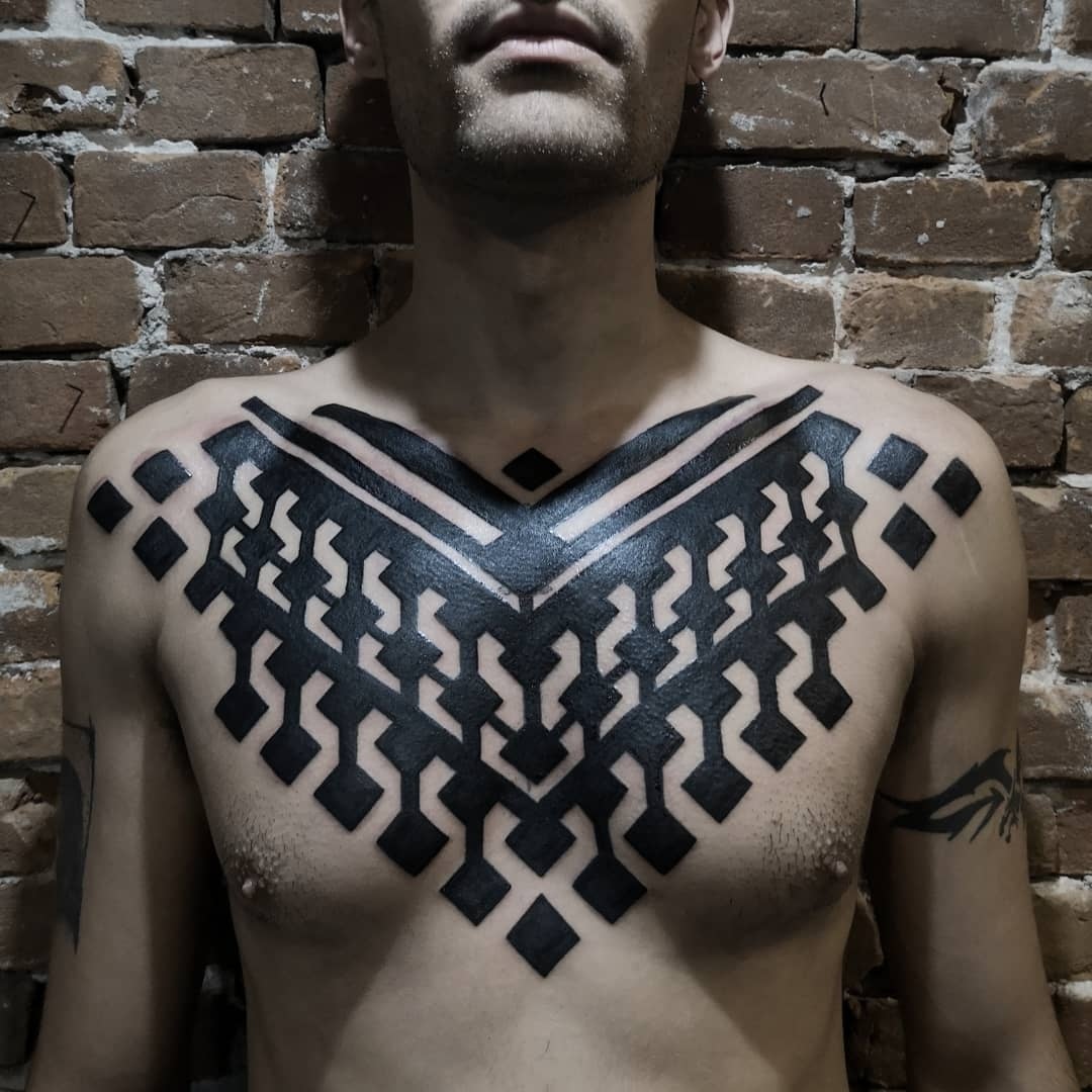 Black Geometrical Tattoo Design For Men Chest By Black Ink Power