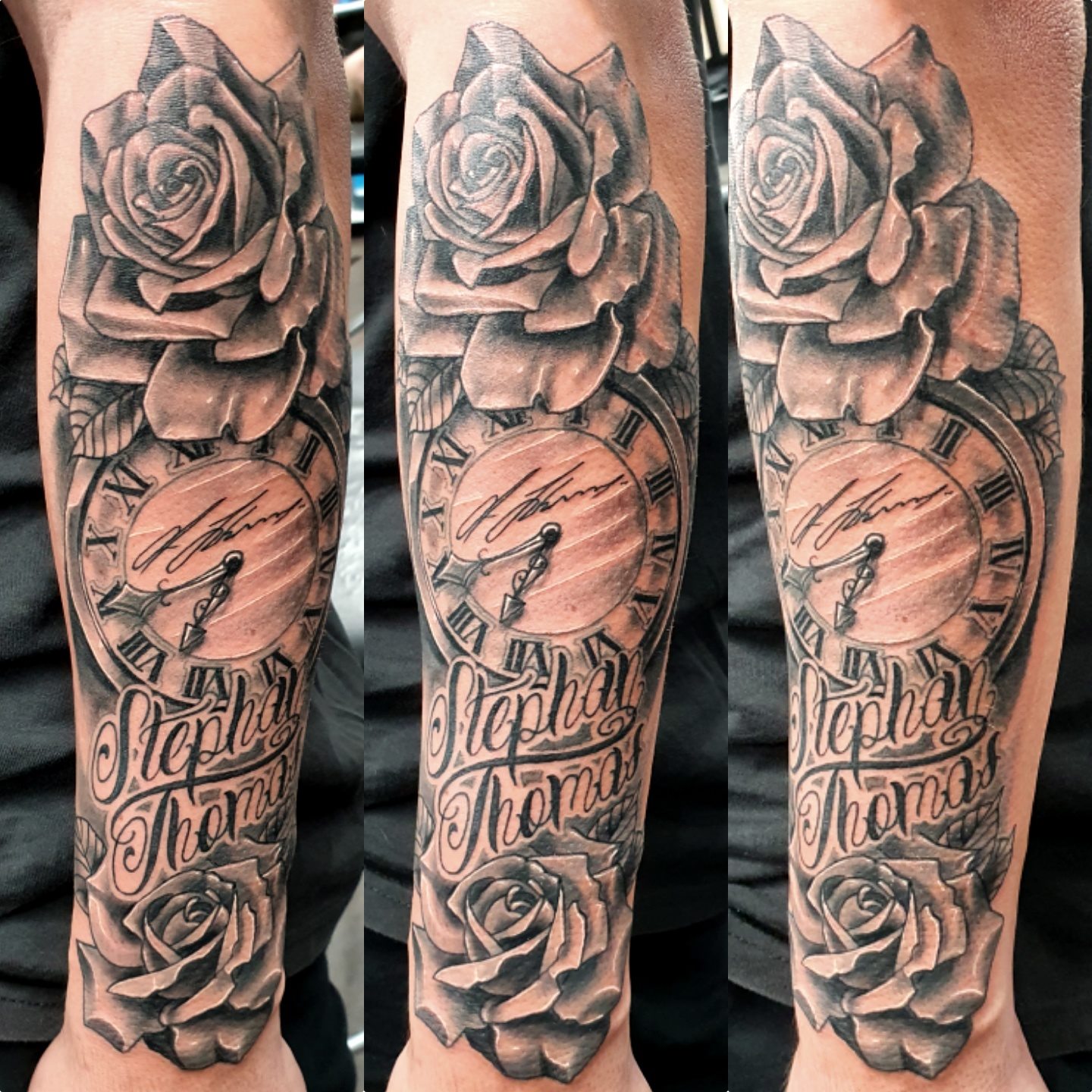 Grey Rose Clock and Name Tattoo on Arm by Levi Bell