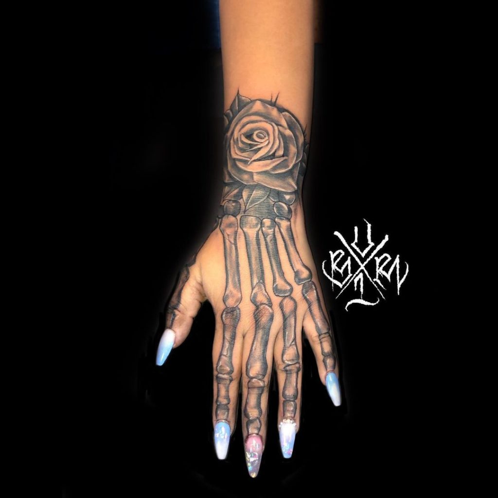 Rose and Hand Skeleton Tattoo Design For Women