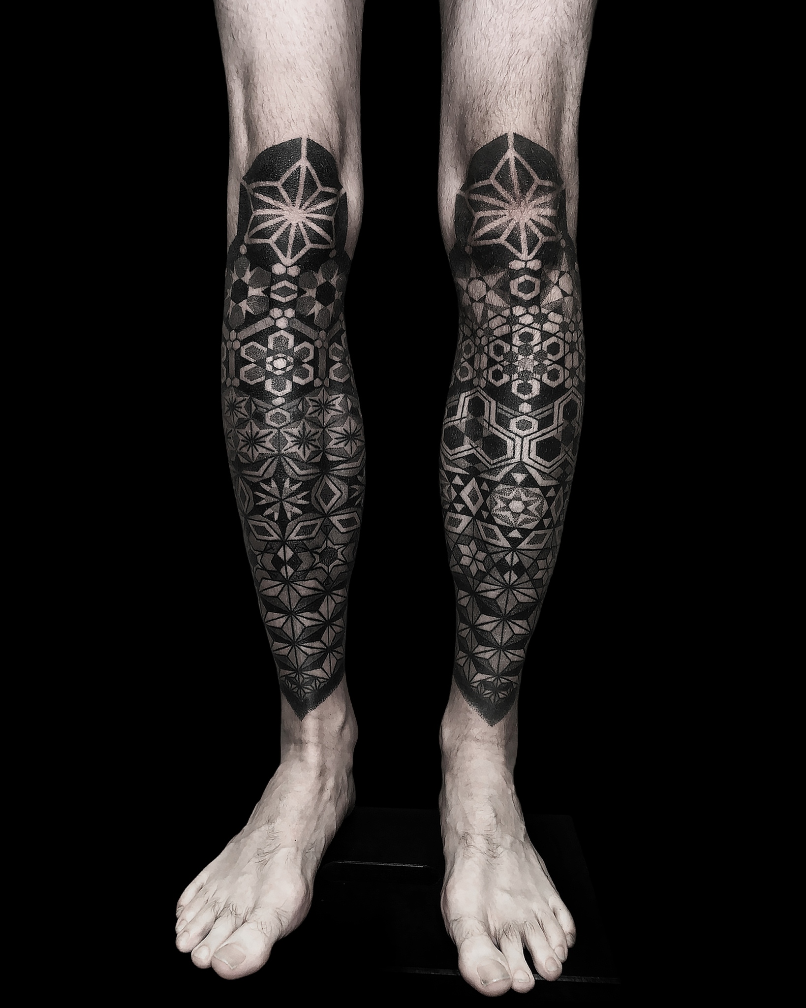 Black Ink Geometric Floral Leg Tattoo