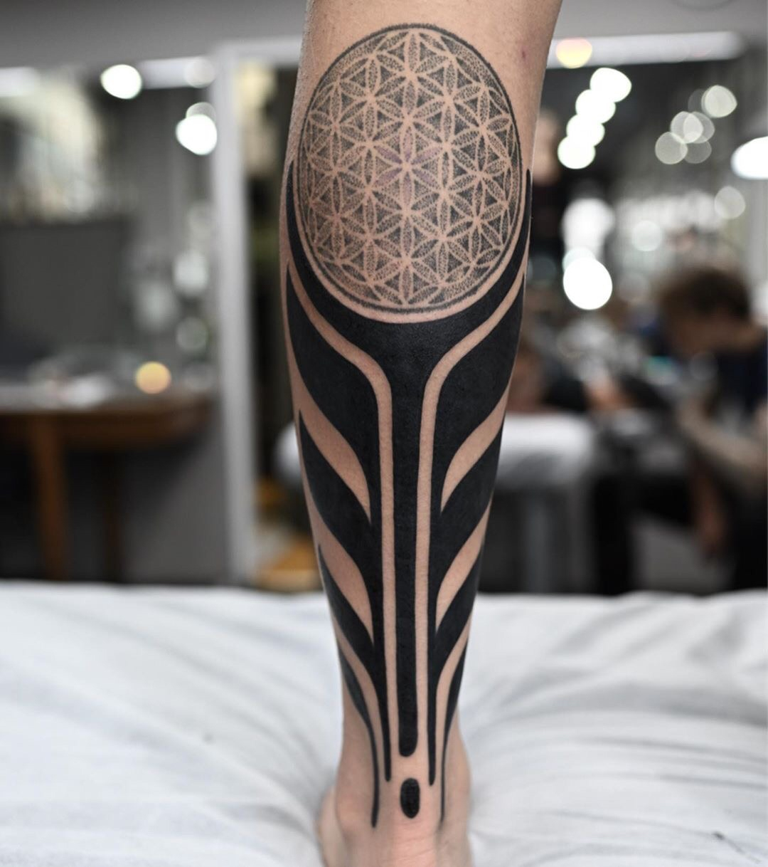 Black Ink Leg Calf Tattoo For Women