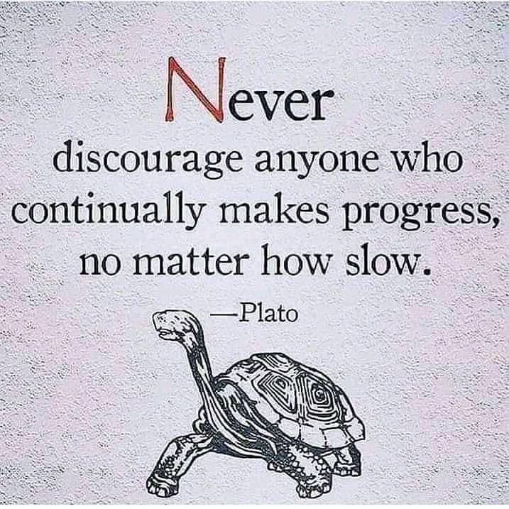 Never discourage anyone who continually makes progress, no matter how slow. – Plato.