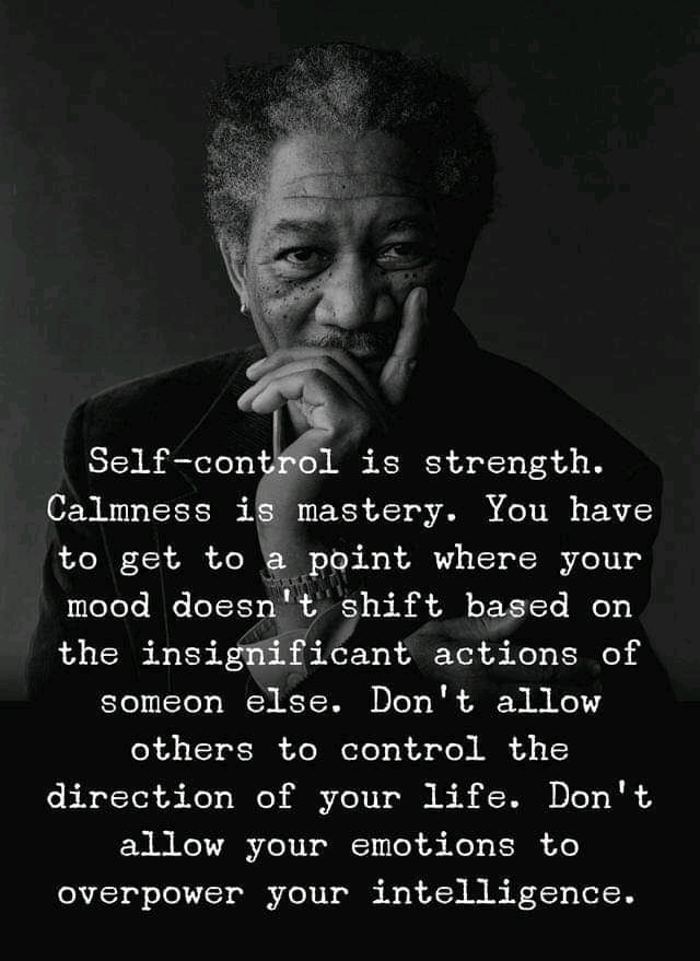 SSelf control is strength. Calmness is mastery. You have to get to a point where your mood doesn’t shift based on the insignificant actions of someone else. Don’t let others control the direction of your life. Don’t let your emotions overpower your intelligence.